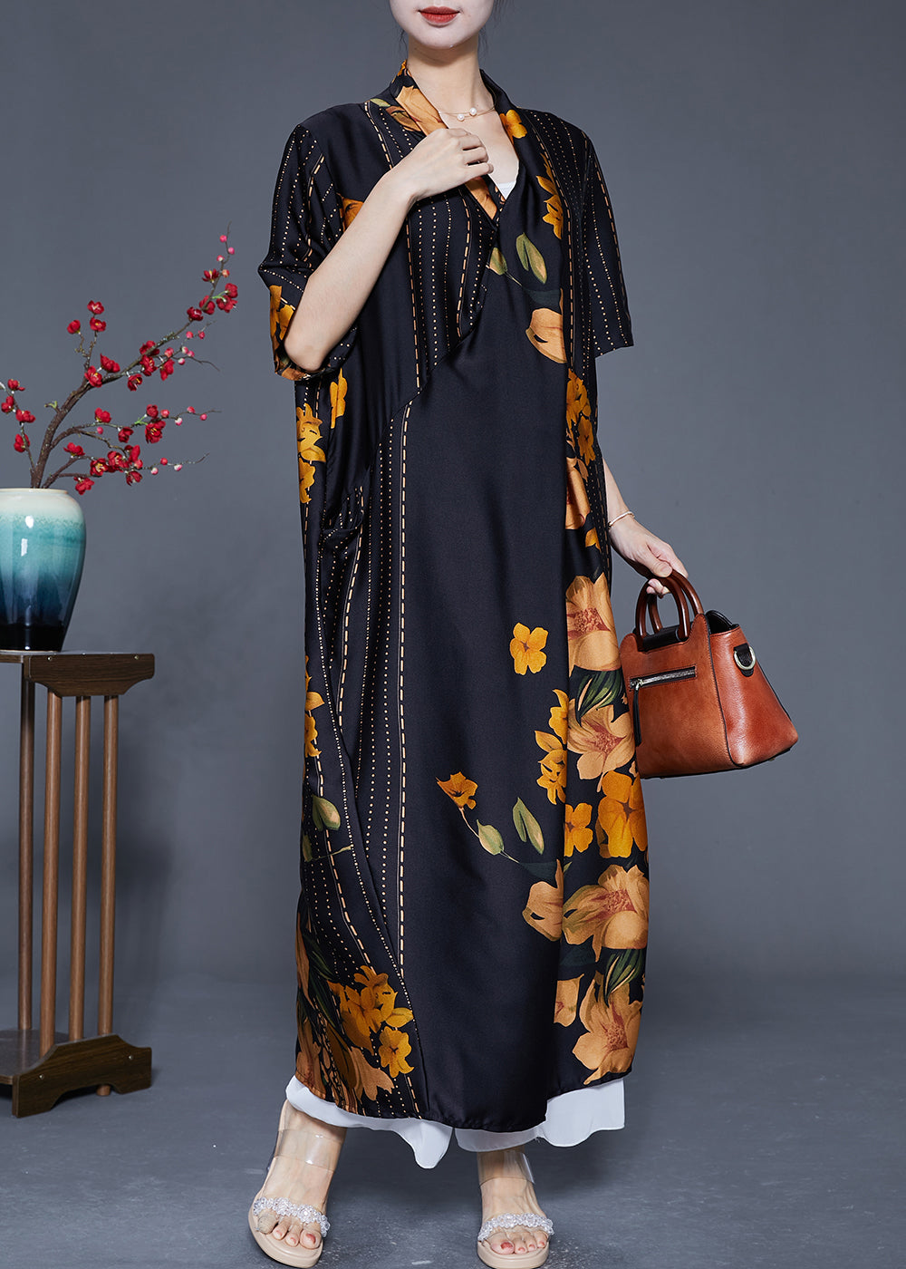 Style Black Asymmetrical Design Print Silk Long Dress Summer LY5547 - fabuloryshop