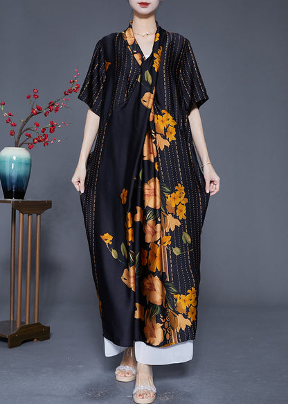 Style Black Asymmetrical Design Print Silk Long Dress Summer LY5547 - fabuloryshop