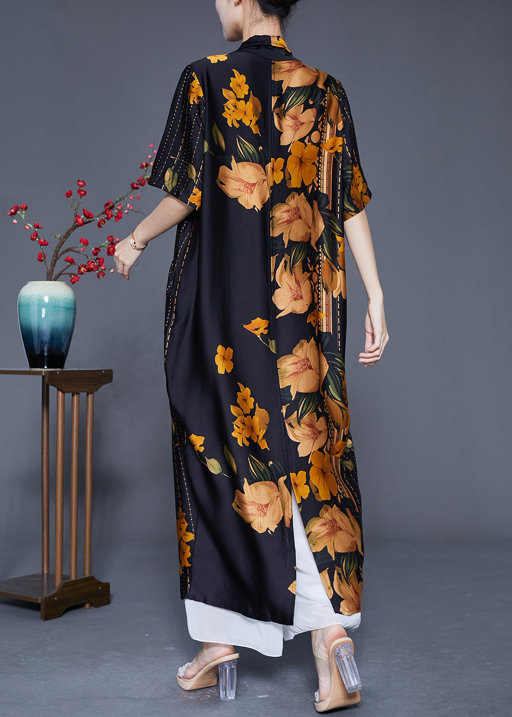 Style Black Asymmetrical Design Print Silk Long Dress Summer LY5547 - fabuloryshop