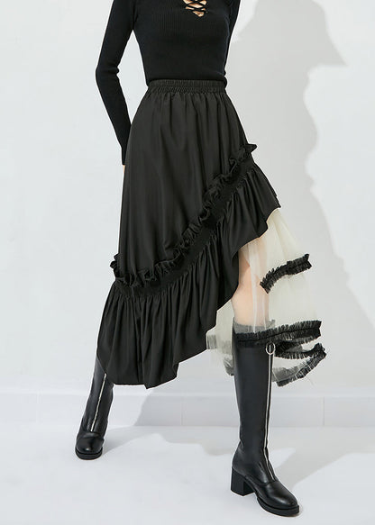 Style Black Asymmetrical Design Tulle Patchwork Ruffled Cotton Skirts Summer LY0821 - fabuloryshop