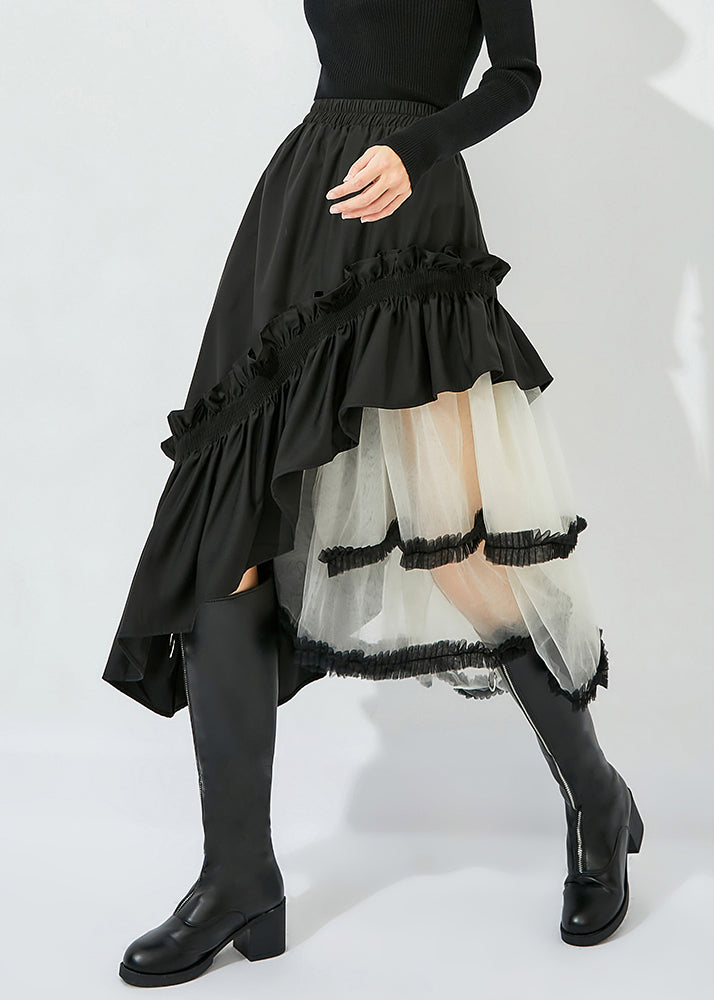 Style Black Asymmetrical Design Tulle Patchwork Ruffled Cotton Skirts Summer LY0821 - fabuloryshop