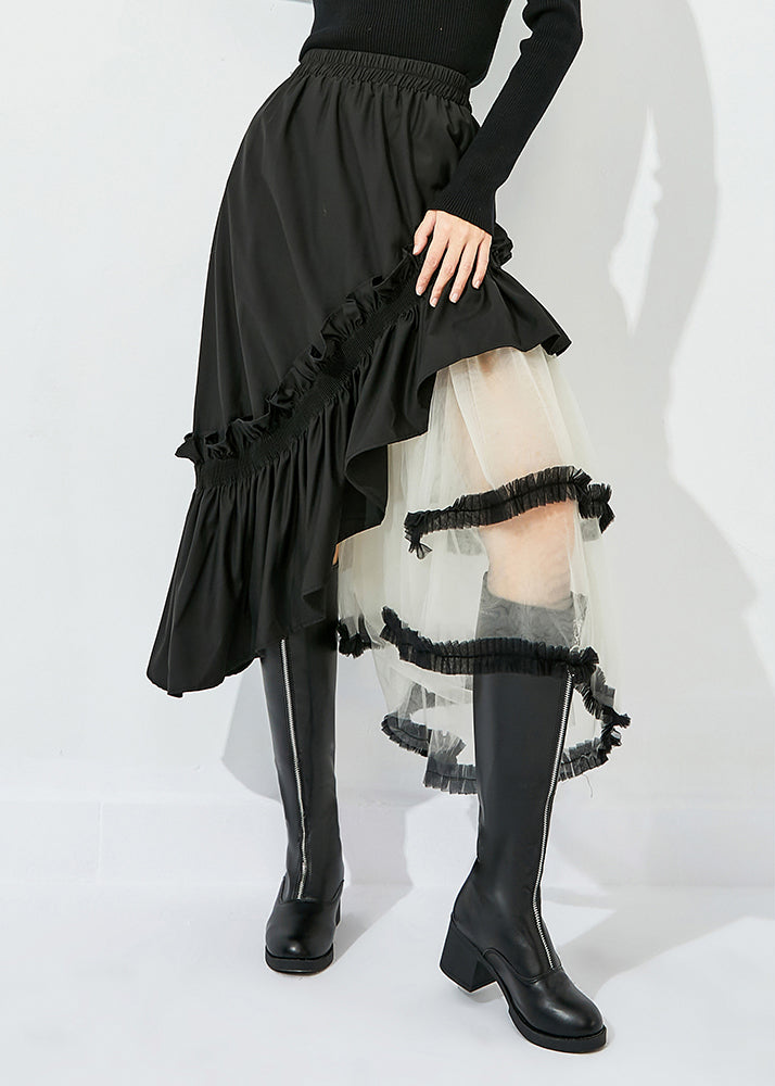 Style Black Asymmetrical Design Tulle Patchwork Ruffled Cotton Skirts Summer LY0821 - fabuloryshop