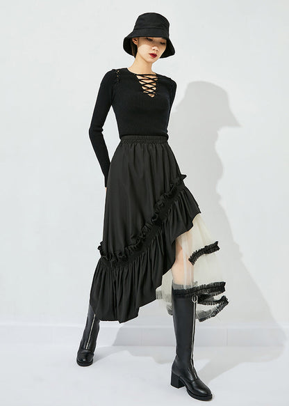 Style Black Asymmetrical Design Tulle Patchwork Ruffled Cotton Skirts Summer LY0821 - fabuloryshop