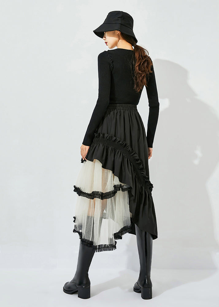 Style Black Asymmetrical Design Tulle Patchwork Ruffled Cotton Skirts Summer LY0821 - fabuloryshop