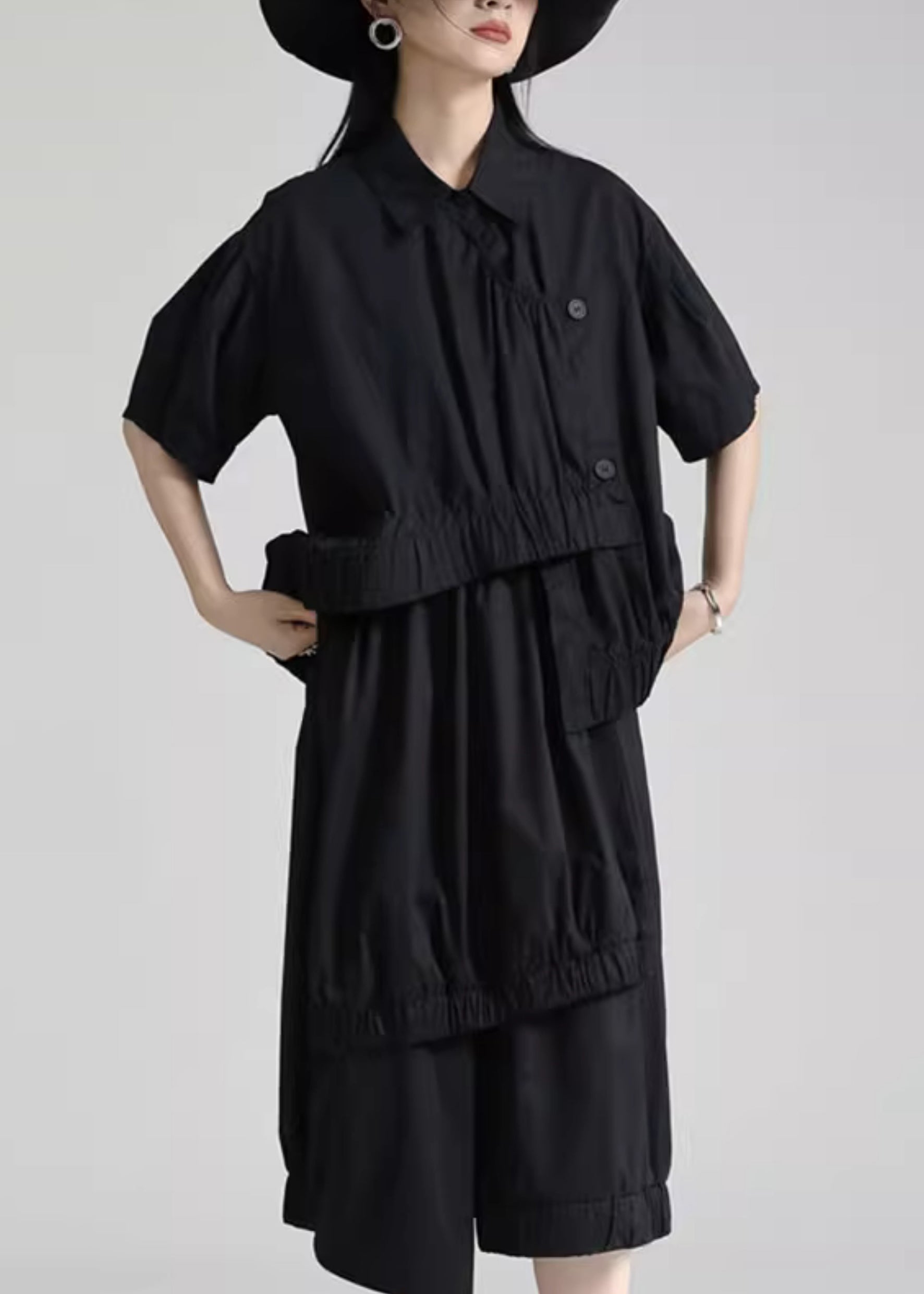 Style Black Asymmetrical Patchwork Cotton Shirt Tops Short Sleeve Ada Fashion