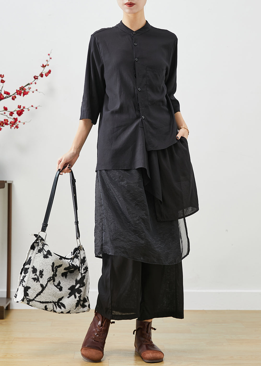 Style Black Asymmetrical Patchwork Linen Silk Two Pieces Set Fall Ada Fashion