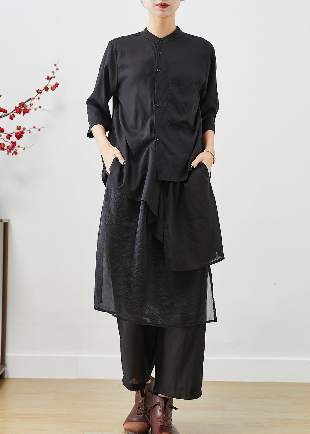 Style Black Asymmetrical Patchwork Linen Silk Two Pieces Set Fall Ada Fashion