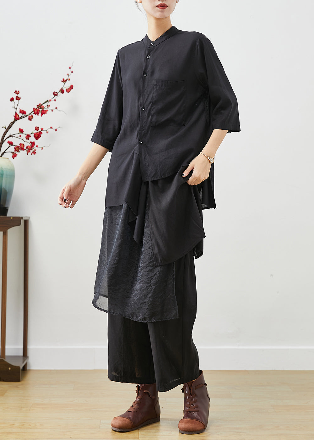 Style Black Asymmetrical Patchwork Linen Silk Two Pieces Set Fall Ada Fashion