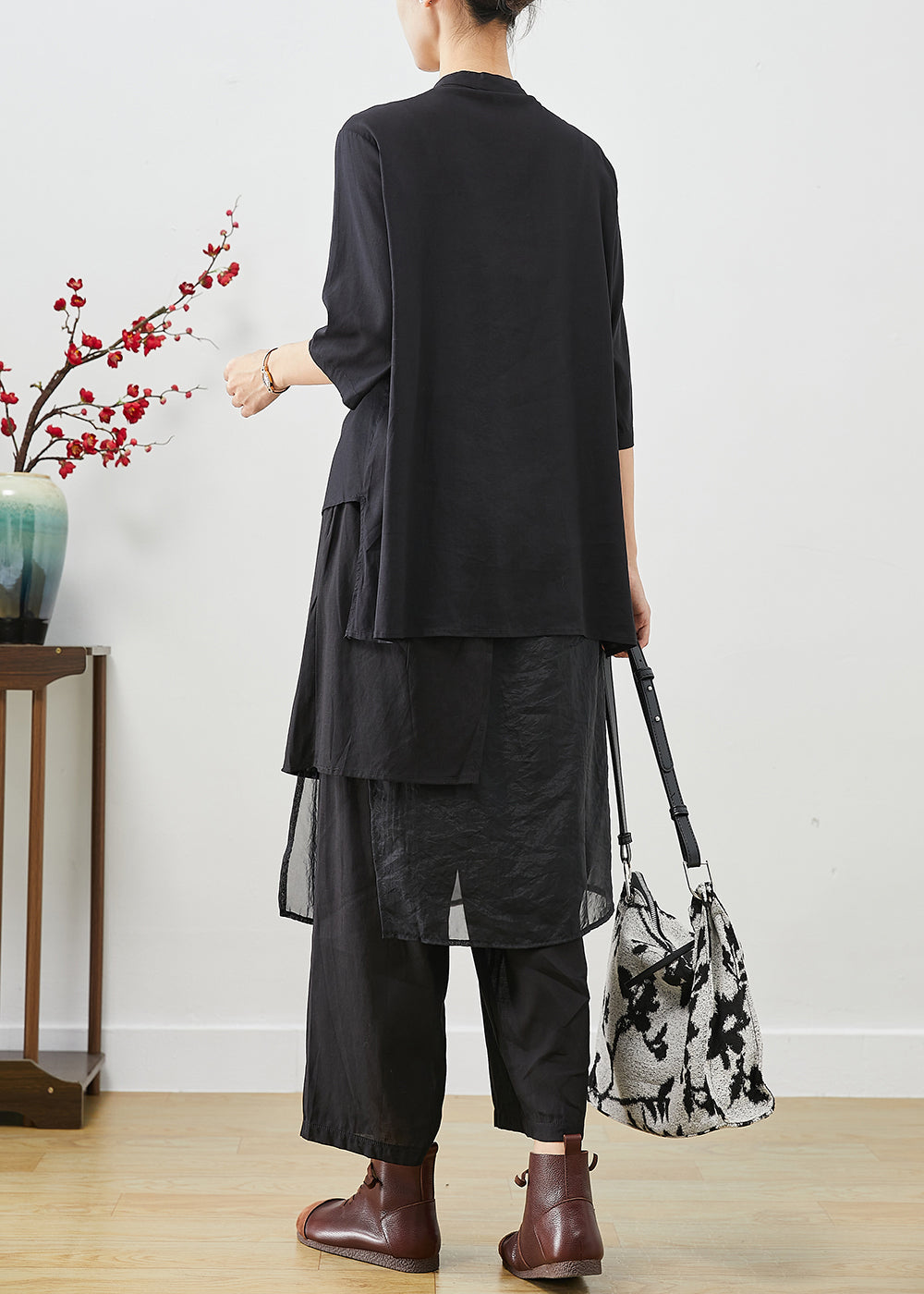 Style Black Asymmetrical Patchwork Linen Silk Two Pieces Set Fall Ada Fashion