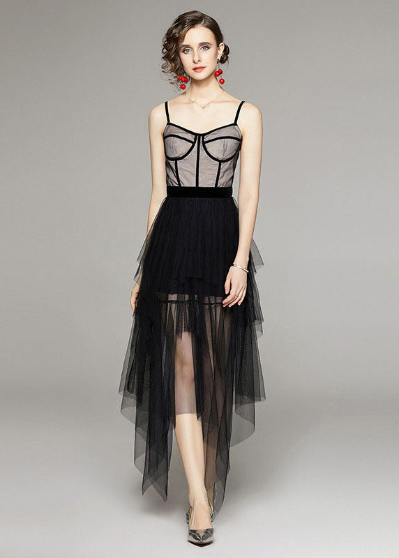 Style Black Asymmetrical Patchwork Tulle Spaghetti Strap Dress Summer LY7400 - fabuloryshop