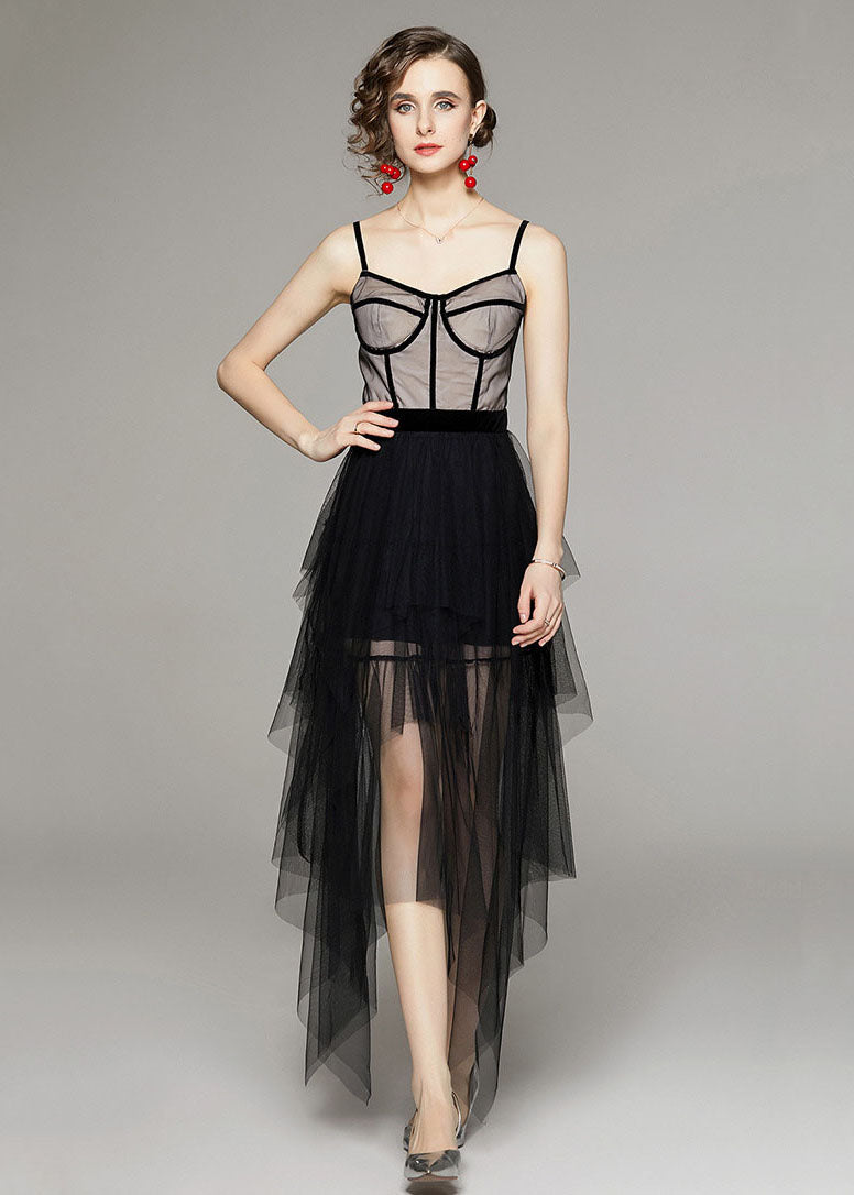Style Black Asymmetrical Patchwork Tulle Spaghetti Strap Dress Summer LY7400 - fabuloryshop