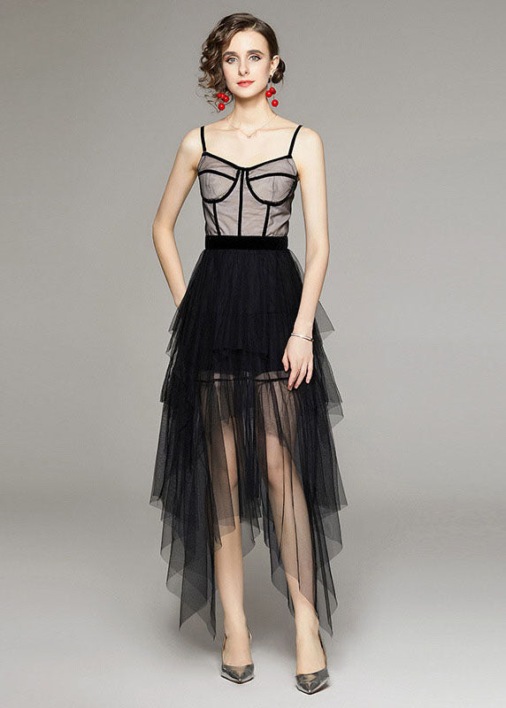 Style Black Asymmetrical Patchwork Tulle Spaghetti Strap Dress Summer LY7400 - fabuloryshop