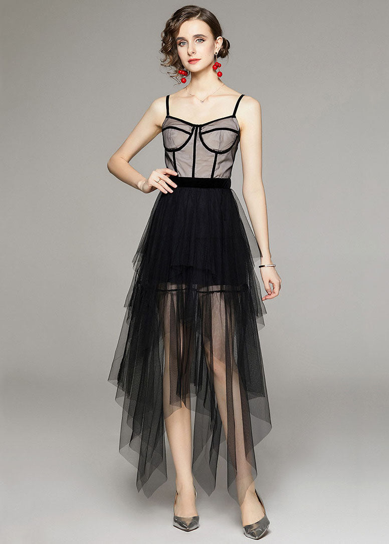 Style Black Asymmetrical Patchwork Tulle Spaghetti Strap Dress Summer LY7400 - fabuloryshop