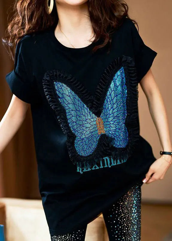 Style Black Butterfly Zircon Patchwork Cotton T Shirts Tops Summer Ada Fashion