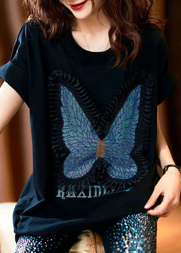 Style Black Butterfly Zircon Patchwork Cotton T Shirts Tops Summer Ada Fashion