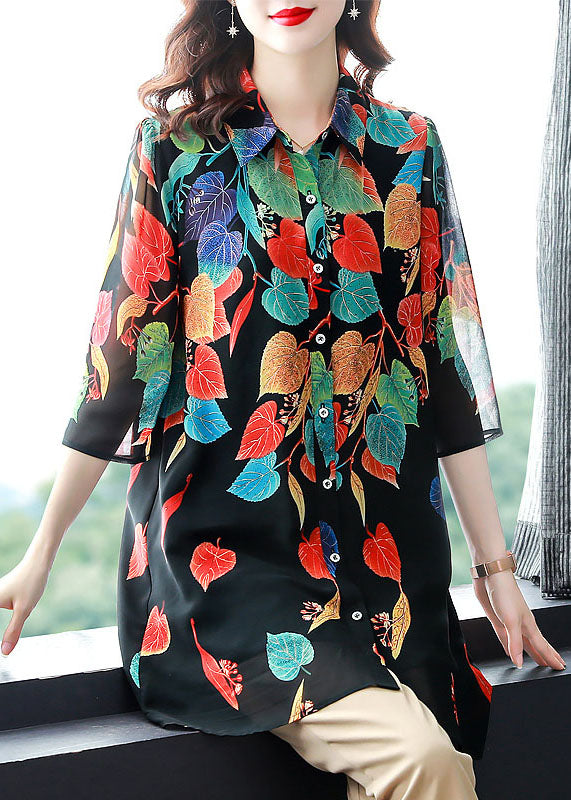 Stil Schwarz Knopf Druck Patchwork Chiffon Shirt Tops Sommer LY8182