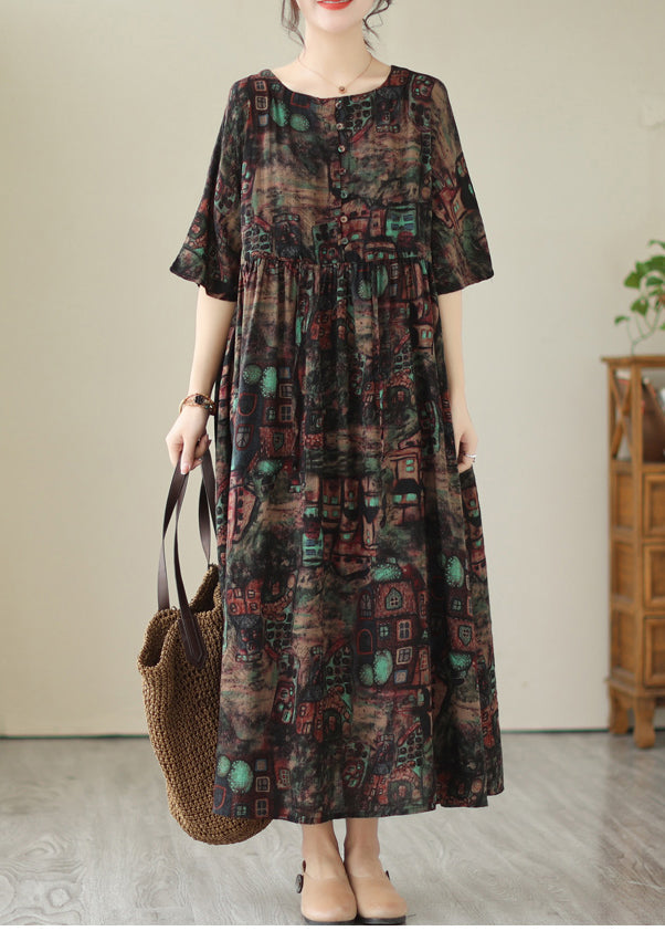 Style Black Cinched Print Linen Maxi Dresses Summer LY4929 - fabuloryshop