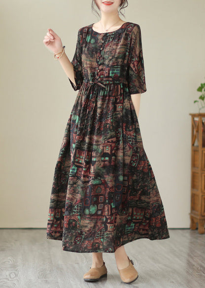 Style Black Cinched Print Linen Maxi Dresses Summer LY4929 - fabuloryshop