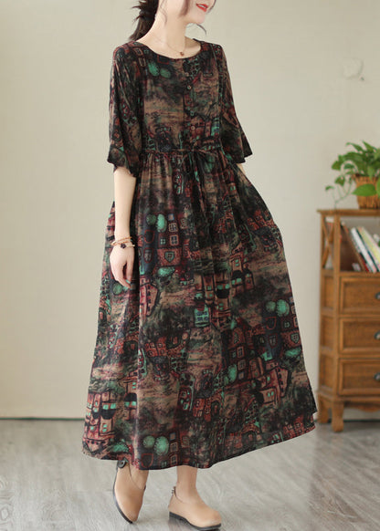 Style Black Cinched Print Linen Maxi Dresses Summer LY4929 - fabuloryshop