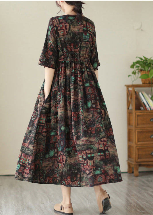 Style Black Cinched Print Linen Maxi Dresses Summer LY4929 - fabuloryshop