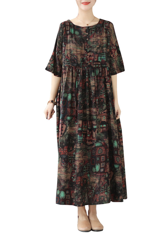 Style Black Cinched Print Linen Maxi Dresses Summer LY4929 - fabuloryshop