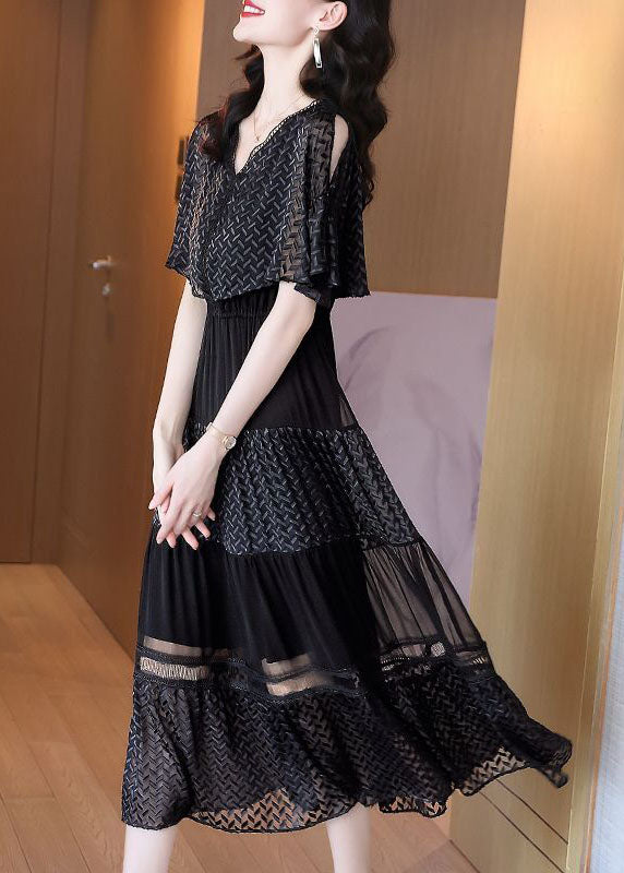 Style Black Cold Shoulder Patchwork Exra Large Hem Silk Long Dress Cloak Sleeves TH1025 - fabuloryshop