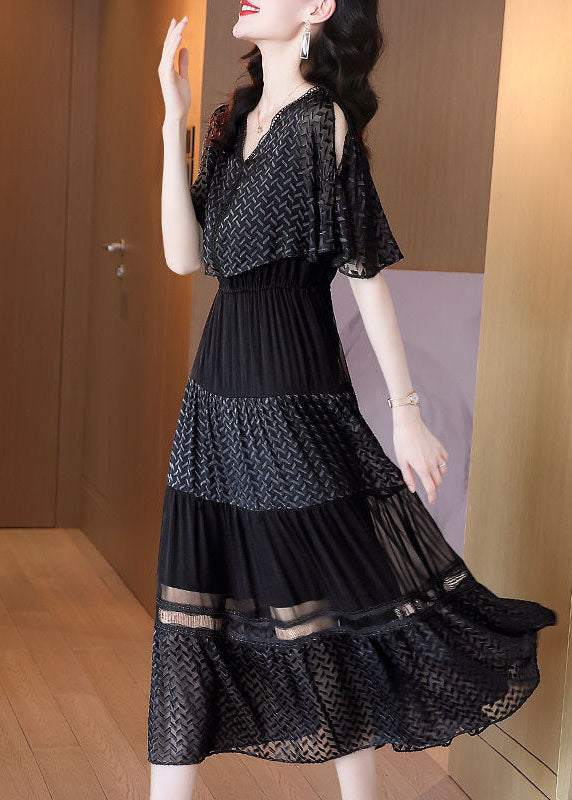 Style Black Cold Shoulder Patchwork Exra Large Hem Silk Long Dress Cloak Sleeves TH1025 - fabuloryshop