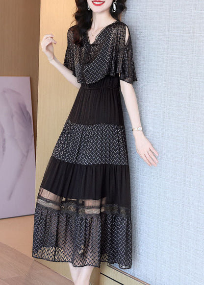 Style Black Cold Shoulder Patchwork Exra Large Hem Silk Long Dress Cloak Sleeves TH1025 - fabuloryshop