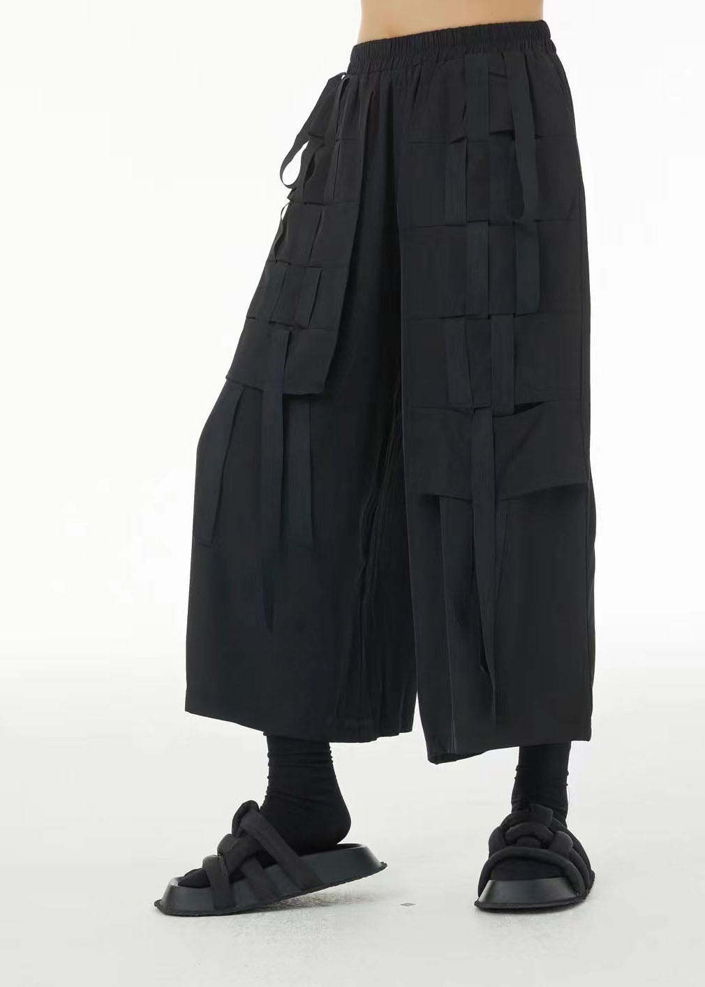 Style Black Elastic Waist Oversized Cotton Crop Pants Summer LC0156
