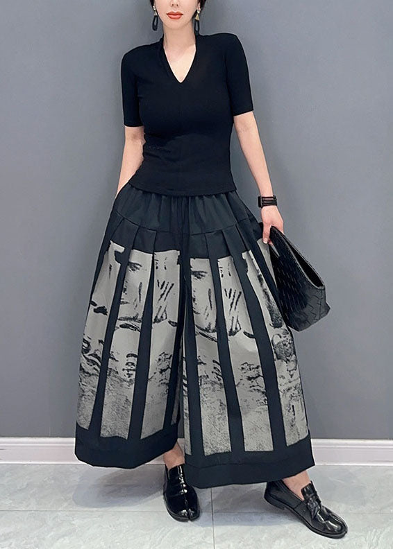 Style Black Elastic Waist Pockets Print Cotton Wide Leg Pants Spring LY0568 - fabuloryshop