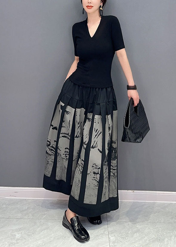 Style Black Elastic Waist Pockets Print Cotton Wide Leg Pants Spring LY0568 - fabuloryshop