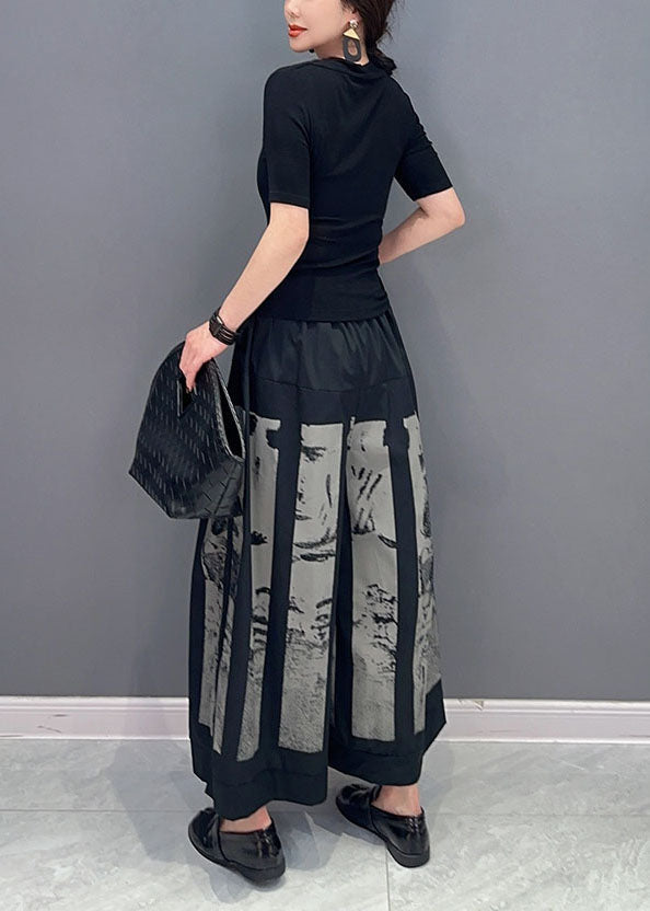 Style Black Elastic Waist Pockets Print Cotton Wide Leg Pants Spring LY0568