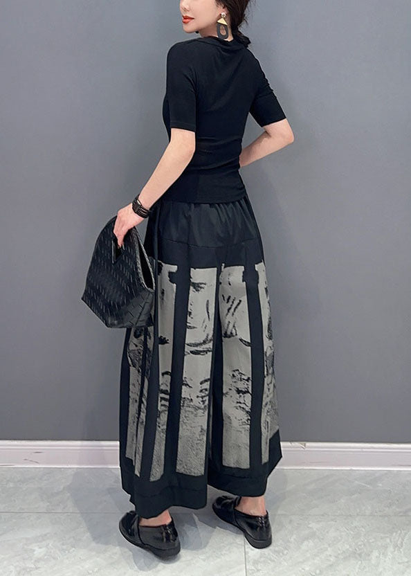 Style Black Elastic Waist Pockets Print Cotton Wide Leg Pants Spring LY0568 - fabuloryshop