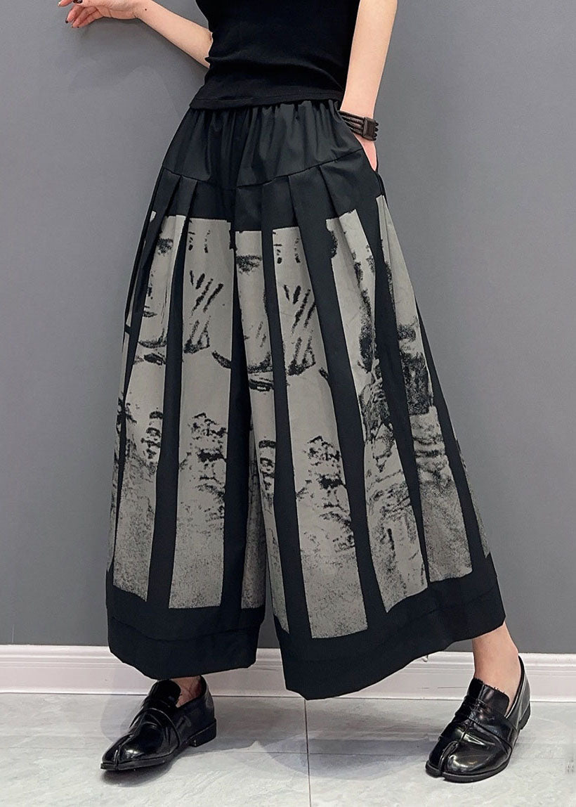 Style Black Elastic Waist Pockets Print Cotton Wide Leg Pants Spring LY0568 - fabuloryshop