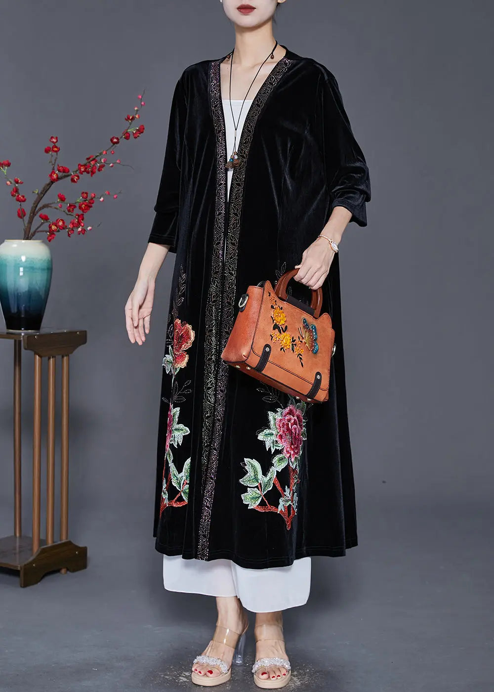 Style Black Embroideried Oversized Silk Velour Long Cardigan Fall Ada Fashion