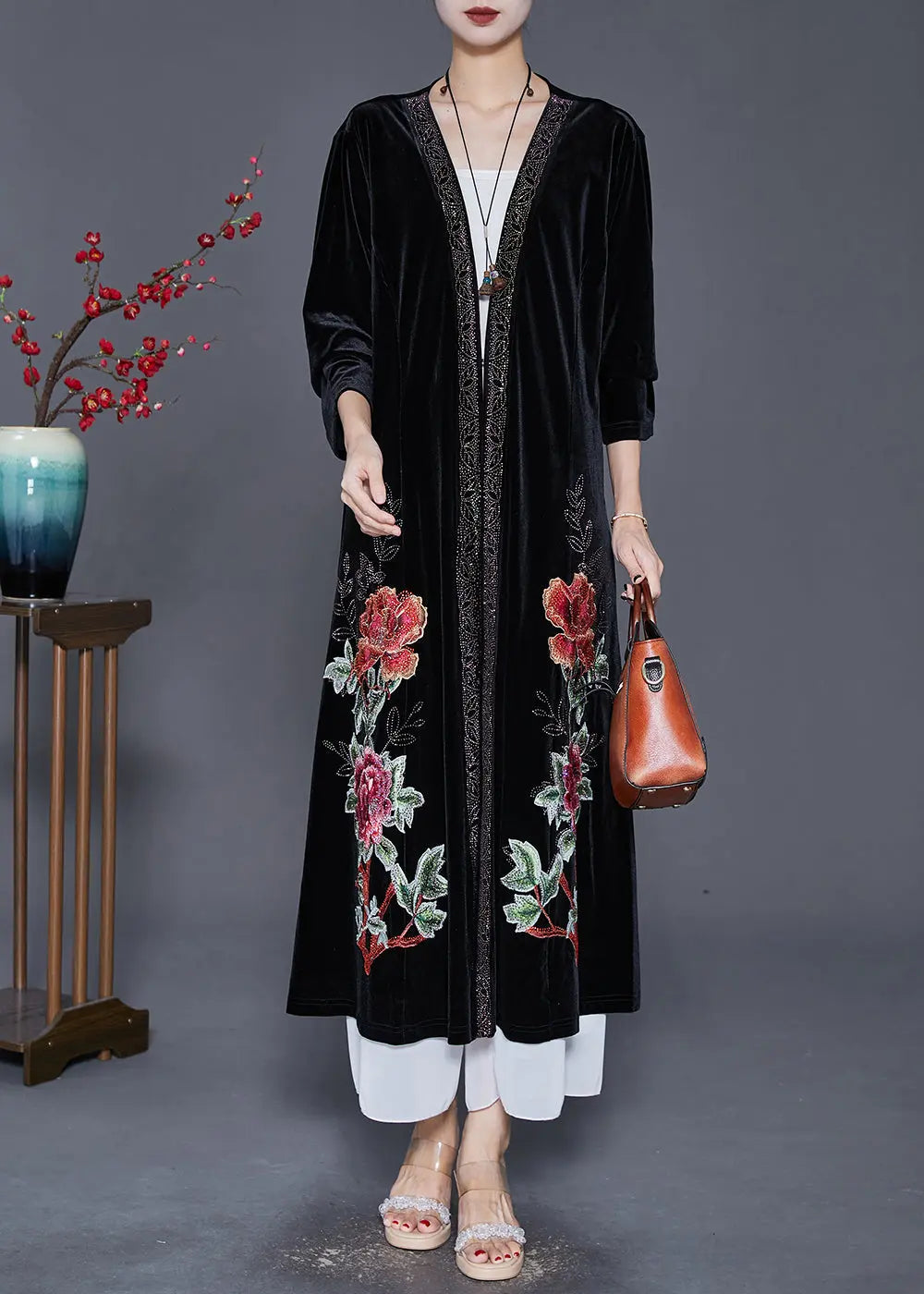 Style Black Embroideried Oversized Silk Velour Long Cardigan Fall Ada Fashion