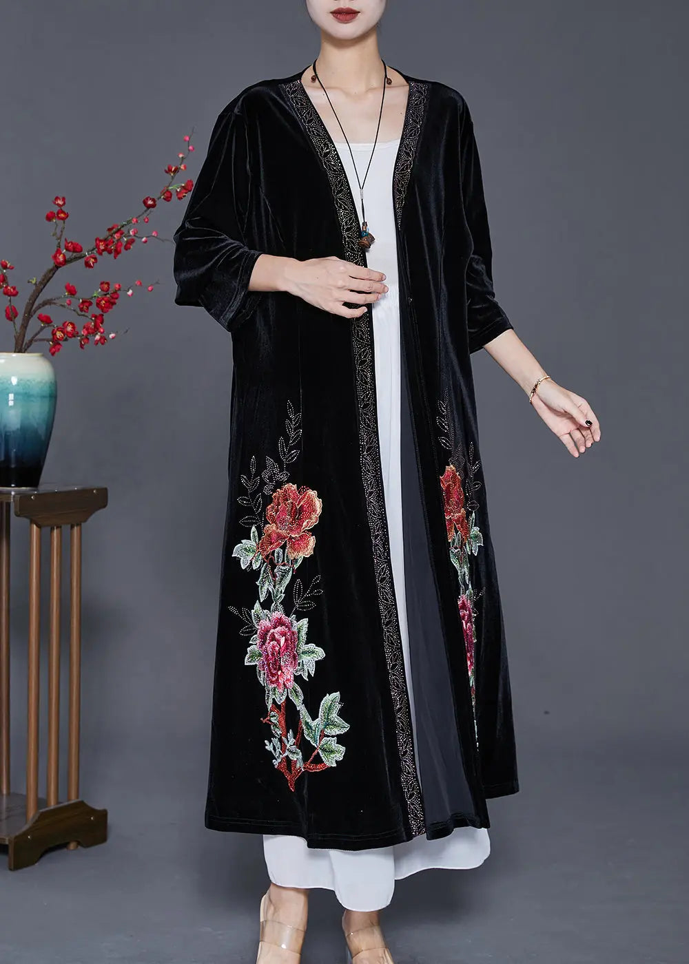 Style Black Embroideried Oversized Silk Velour Long Cardigan Fall Ada Fashion