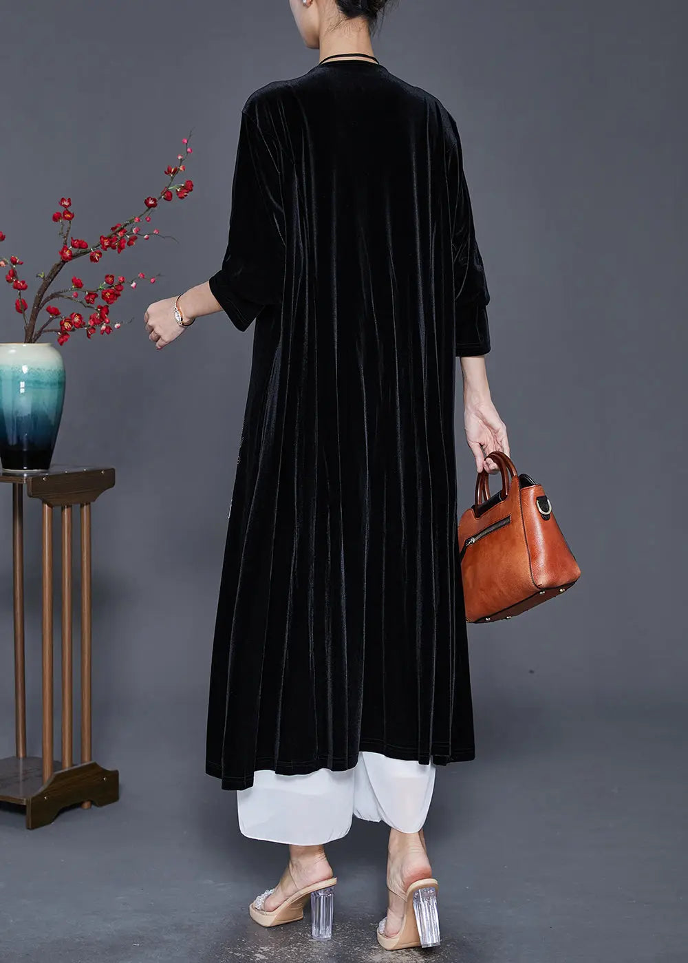 Style Black Embroideried Oversized Silk Velour Long Cardigan Fall Ada Fashion