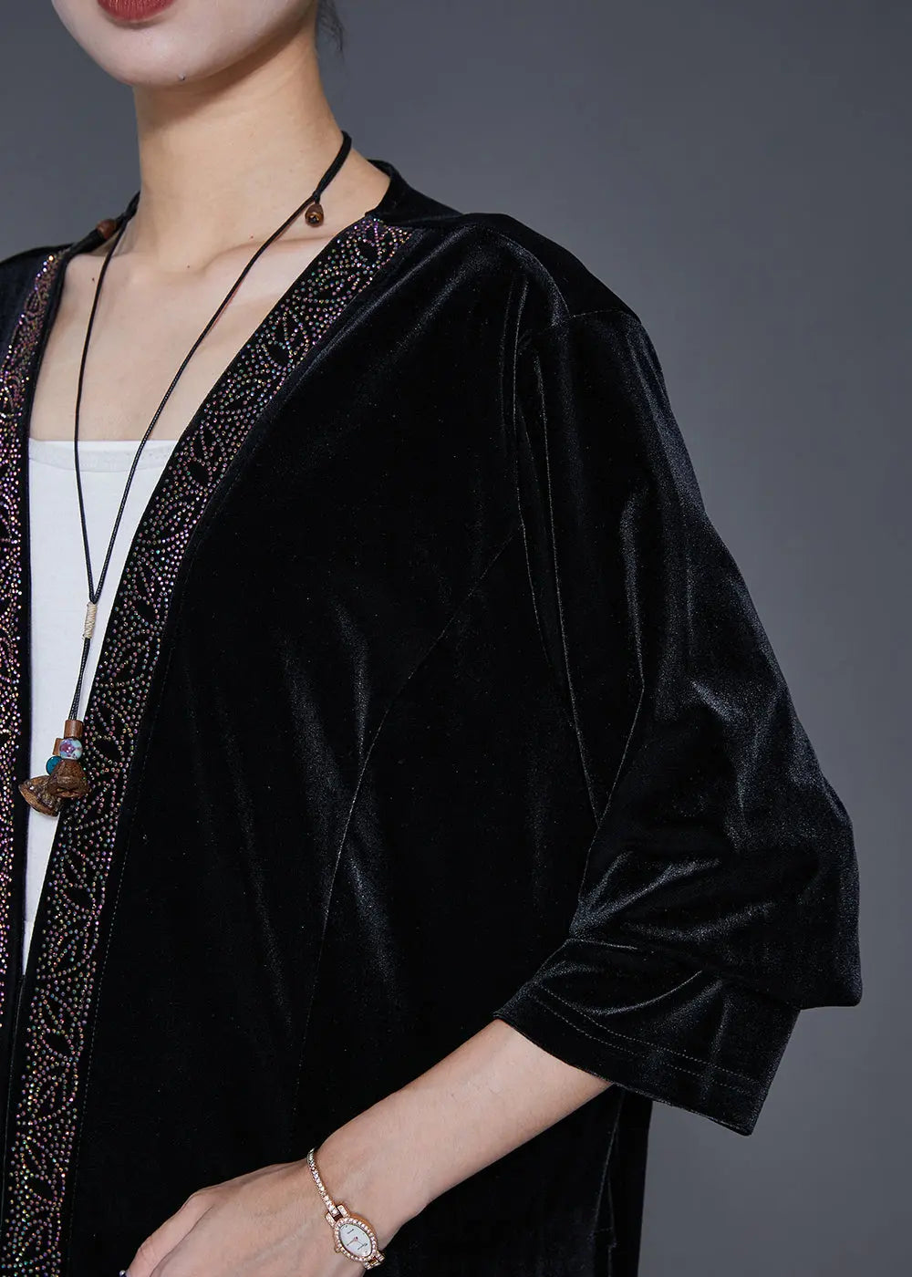 Style Black Embroideried Oversized Silk Velour Long Cardigan Fall Ada Fashion