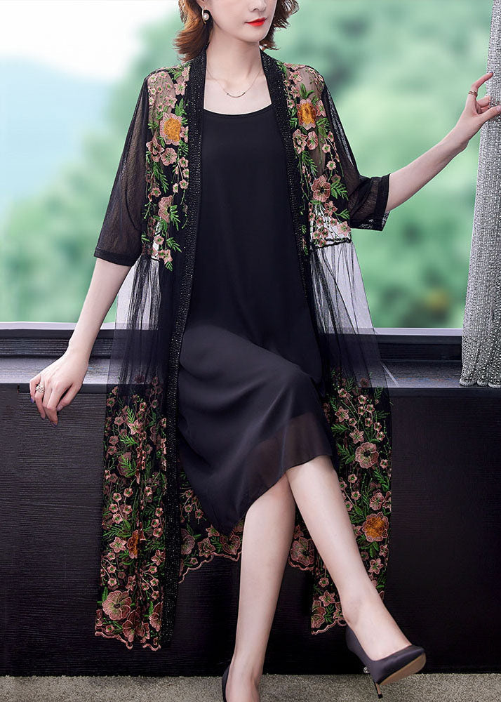 Style Black Embroideried Patchwork False Two Pieces Tulle Cardigans Dresses Summer Ada Fashion