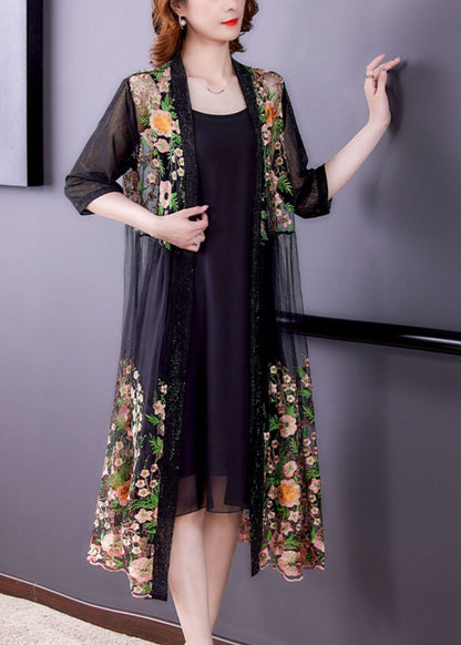 Style Black Embroideried Patchwork False Two Pieces Tulle Cardigans Dresses Summer Ada Fashion