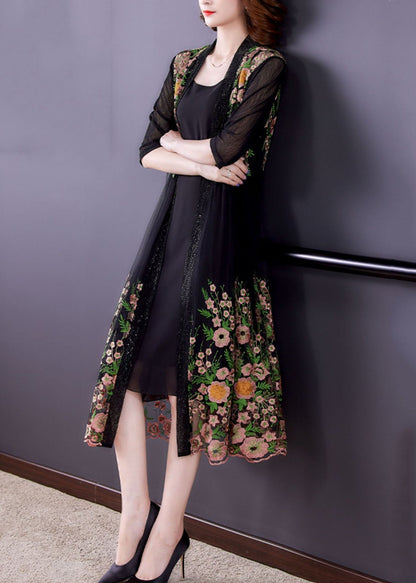 Style Black Embroideried Patchwork False Two Pieces Tulle Cardigans Dresses Summer Ada Fashion