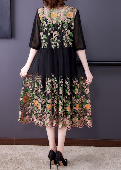 Style Black Embroideried Patchwork False Two Pieces Tulle Cardigans Dresses Summer Ada Fashion