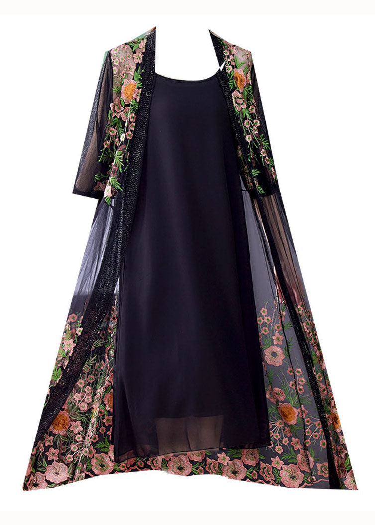 Style Black Embroideried Patchwork False Two Pieces Tulle Cardigans Dresses Summer Ada Fashion