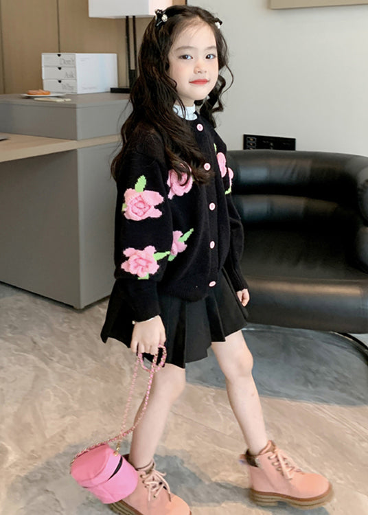 Style Black Floral Button Patchwork Knit Girls Coats Fall Ada Fashion