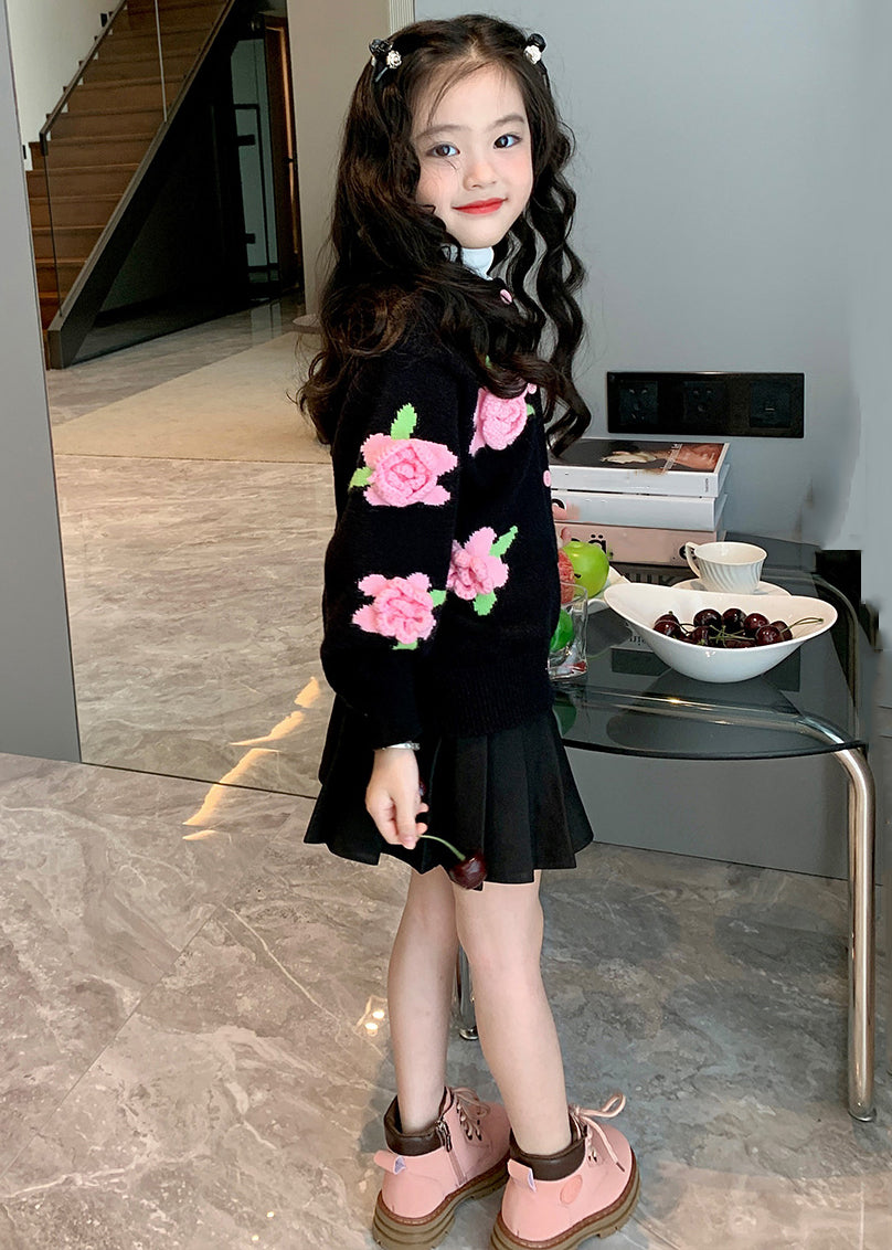 Style Black Floral Button Patchwork Knit Girls Coats Fall Ada Fashion