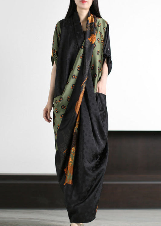 Style Black Green Pockets Print Wrinkled Patchwork Silk Long Dresses Summer LY5163 - fabuloryshop