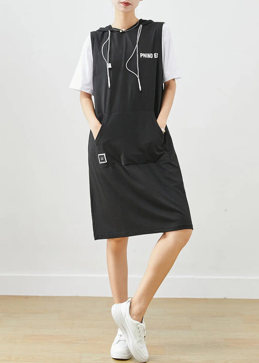 Style Black Hooded Patchwork Pockets Cotton Sweatshirt Dress Summer Ada Fashion