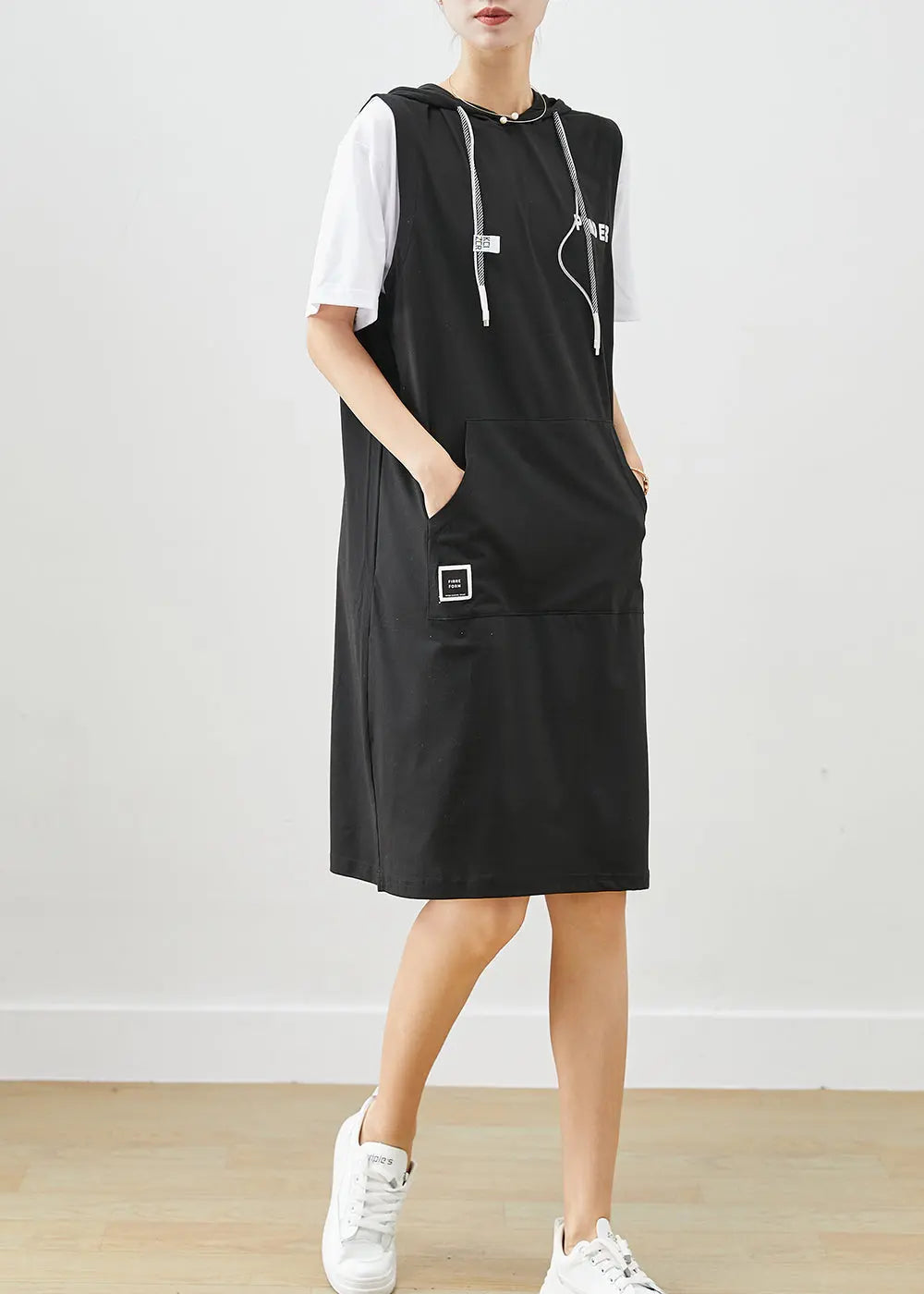 Style Black Hooded Patchwork Pockets Cotton Sweatshirt Dress Summer Ada Fashion