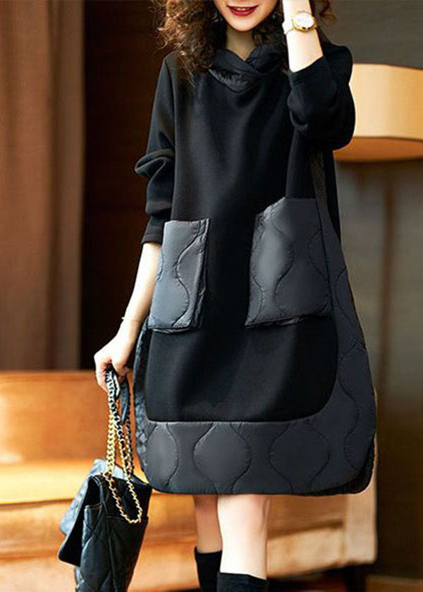 Style Black Hooded Pockets Patchwork Cotton Dresses Spring LY3867 - fabuloryshop